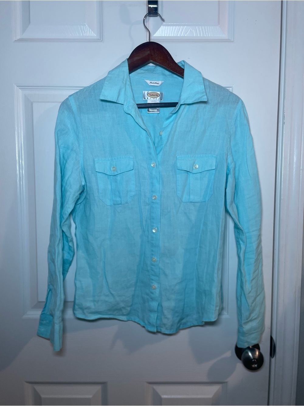 Talbots Petites 100% Linen Button Front Shirt Aqua Blue Long Sleeve Medium